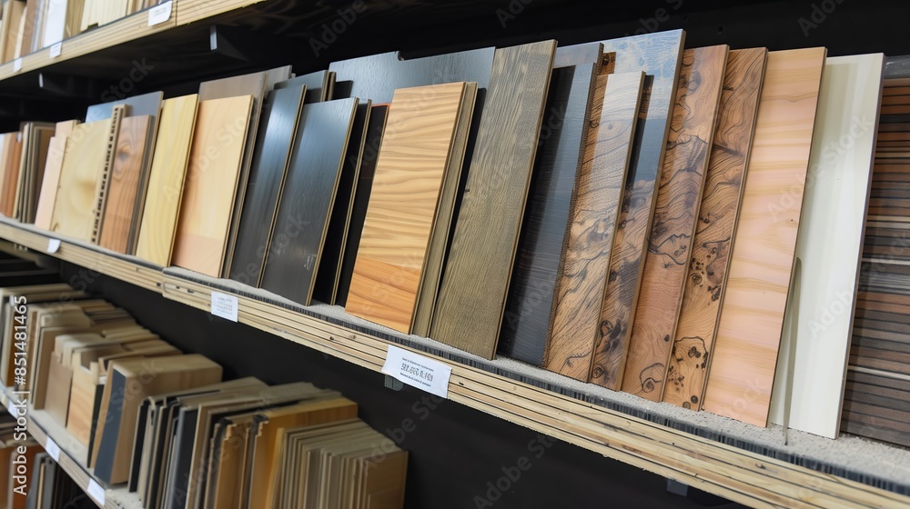 A well-organized shelf displays labeled plywood samples with various textures and finishes for a full overview. A well-organized shelf displays labeled plywood samples with various textures and finishes for a full overview.