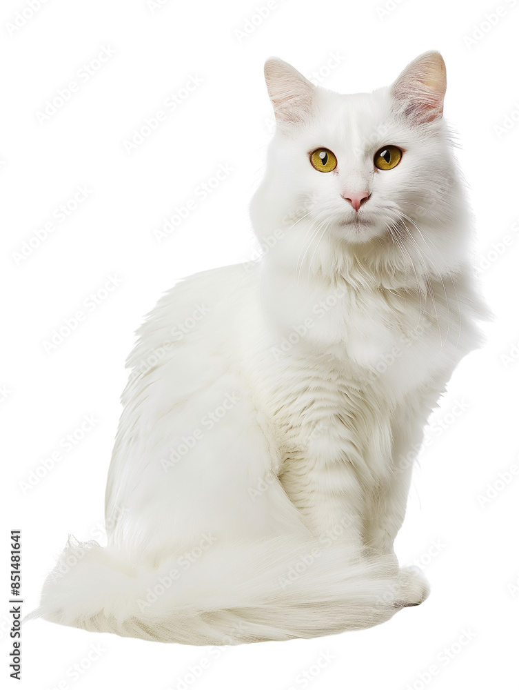 Fototapeta premium Full body shot of Turkish Angora cat, sitting, looking around curiously.