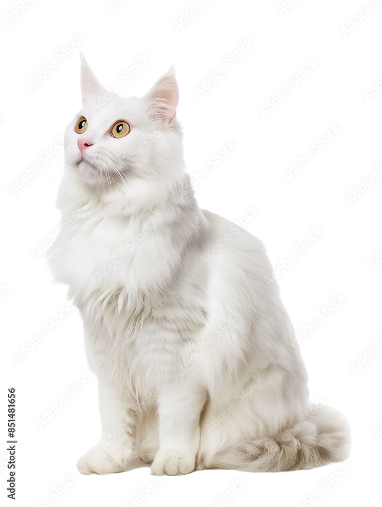 Full body shot of Turkish Angora cat, sitting, looking around curiously. Full body shot of Turkish Angora cat, sitting, looking around curiously.