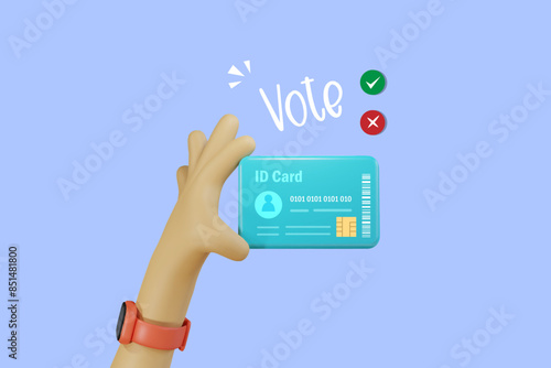 Election vote concept. Hand holding ID card with voting ballot check list. 3D vector cartoon character.