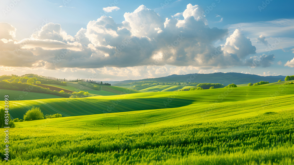 Obraz premium A tranquil countryside with rolling fields.