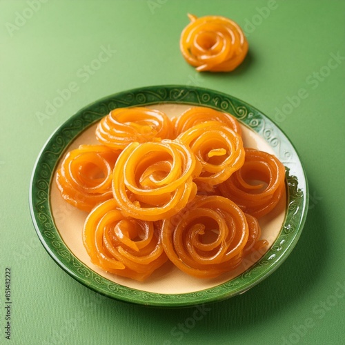 Indian special sweet food jalebi or imarti on green background photo