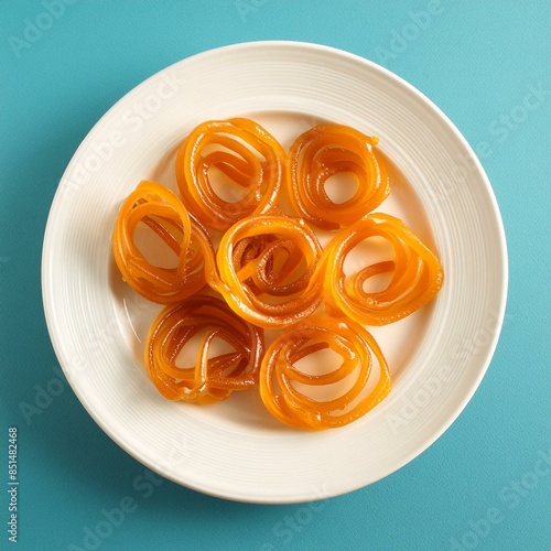 Indian special sweet food jalebi or imarti on blue background photo