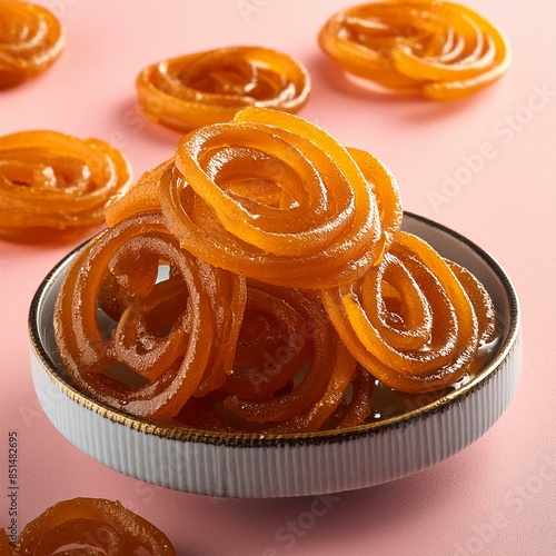 Indian special sweet food jalebi or imarti on pink background photo