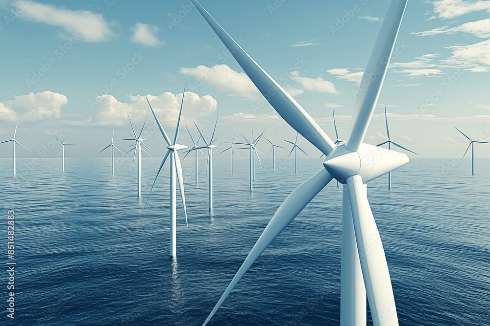 A photo of white wind turbines in the ocean, with the open sea as a background. This scene conveys green energy production using modern technology for sustainable power generation. A photo of white wind turbines in the ocean, with the open sea as a background. This scene conveys green energy production using modern technology for sustainable power generation.
