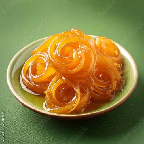 Indian special sweet food jalebi or imarti on green background photo