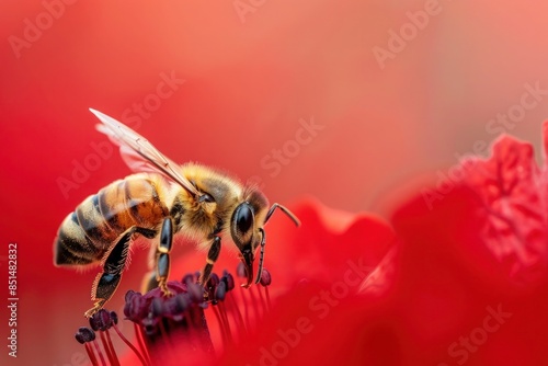 A bee on a flower with a red background