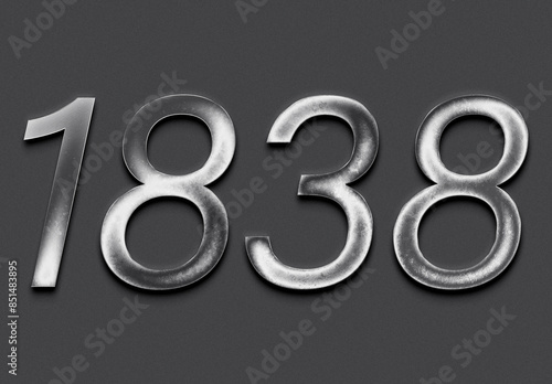 Chrome metal 3D number design of 1838 on grey background.