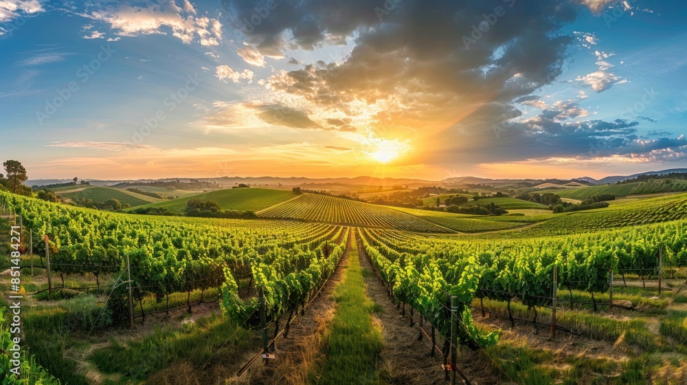 A panoramic view captures the beauty of a summer vineyard at sunset, with lush green vineyard rows stretching into the distance. A panoramic view captures the beauty of a summer vineyard at sunset, with lush green vineyard rows stretching into the distance.