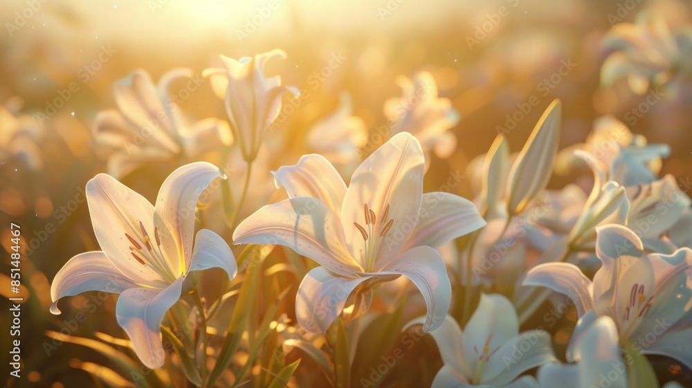 Fototapeta premium A symbol of gentleness, purity, and virtue, beautiful white lilies stand out against a light background in a close-up captured through digital AI technology.