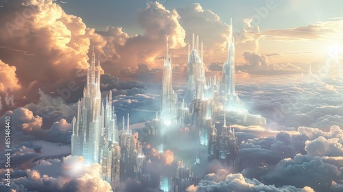 futuristic city floating above the clouds with buildings made of crystal and light AI generated © Lisa_Art