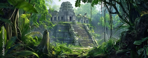 mayan temple in the jungle a gray building stands tall amidst lush greenery photo