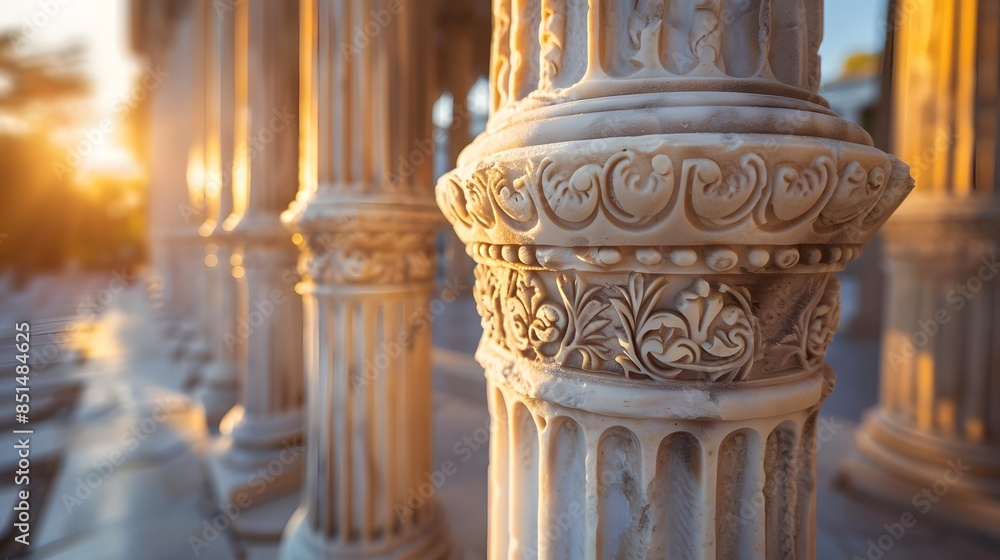 Obraz premium A closeup of classical Greek columns, each with intricate carvings and a soft white marble finish, standing in the center of an architectural building.