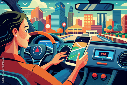 a driver who drives a car using a smartphone for navigation. one of his hands holds a smartphone, which displays a map with a marked route on the screen. driving safety theme