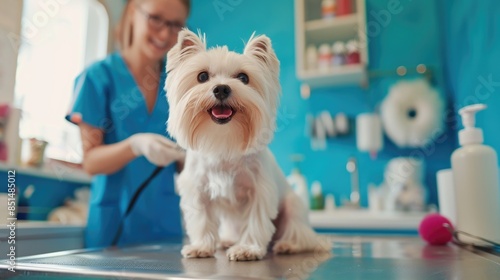 Cute dog on groomer's table before haircut. Dog sitting on grooming table, master's tools lying next to it. Animal concept, pet life, pet lovers, grooming, veterinary.