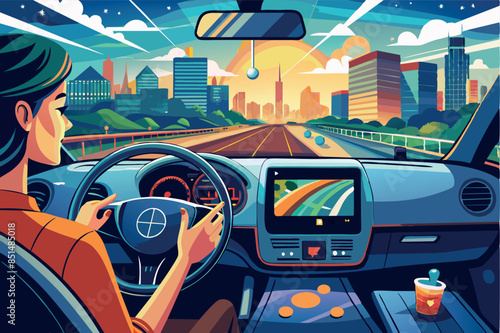 a driver who drives a car using a smartphone for navigation. one of his hands holds a smartphone, which displays a map with a marked route on the screen. driving safety theme
