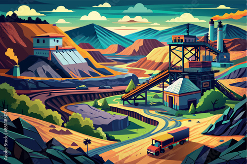Mining in the desert. mine with buildings, elevator for transportation from the mine, train with ore cars. subject of engineering and mining, exploitation of natural resources.