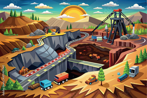 A large open pit mine with visible layers of earth. a conveyor belt moves the material and a dump truck is loaded with ore. the topic of natural resource extraction and the environment.