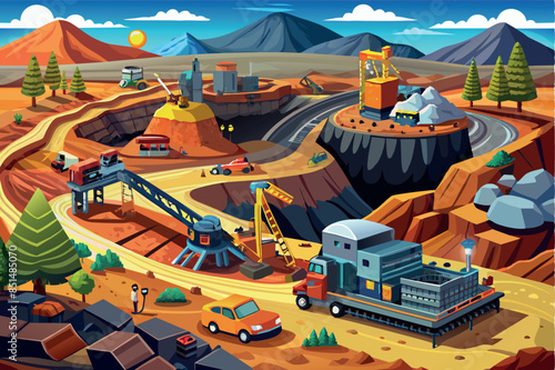 A large open pit mine with visible layers of earth. a conveyor belt moves the material and a dump truck is loaded with ore. the topic of natural resource extraction and the environment.