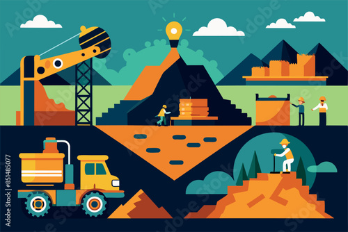 A large open pit mine with visible layers of earth. a conveyor belt moves the material and a dump truck is loaded with ore. the topic of natural resource extraction and the environment.