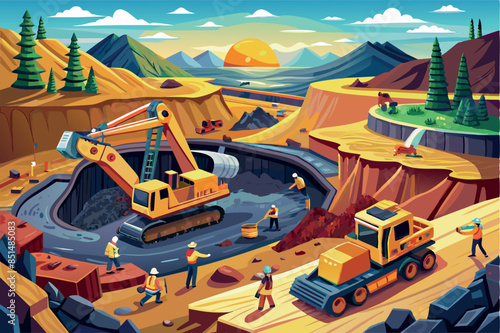A large open pit mine with visible layers of earth. a conveyor belt moves the material and a dump truck is loaded with ore. the topic of natural resource extraction and the environment.