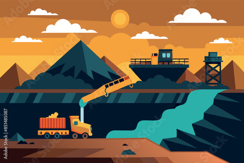 A large open pit mine with visible layers of earth. a conveyor belt moves the material and a dump truck is loaded with ore. the topic of natural resource extraction and the environment.