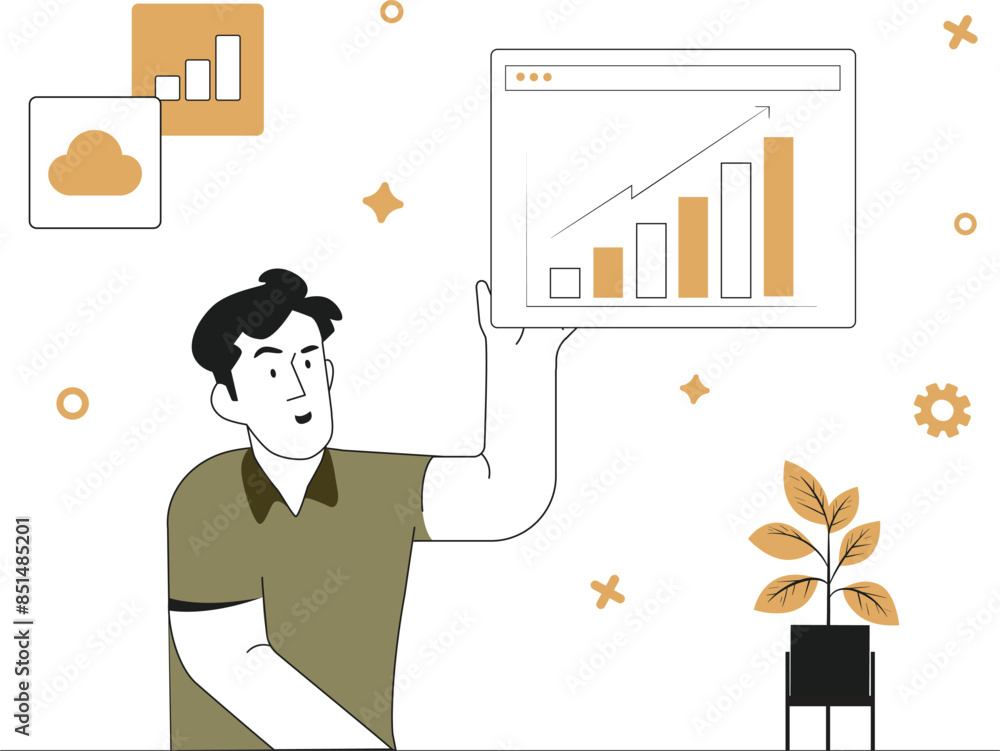 Business and Marketing Concept Illustration. Depiction of people in various business activities such as management, payment, market research, and data analysis. Business and Marketing Concept Illustration. Depiction of people in various business activities such as management, payment, market research, and data analysis.