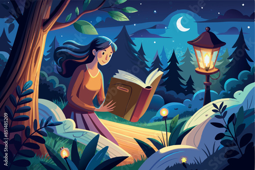 A person reads a book under the light of a street lamp at night. theme to evoke feelings of peace and interest in knowledge or relaxation through reading