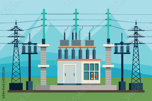 The image shows an electrical substation including a transformer, high-voltage transmission lines, supports, insulators, and a control building. The theme of electricity distribution 
