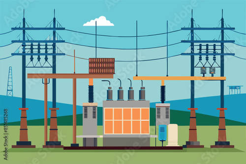 The image shows an electrical substation including a transformer, high-voltage transmission lines, supports, insulators, and a control building. The theme of electricity distribution 