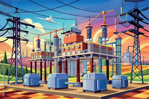The image shows an electrical substation including a transformer, high-voltage transmission lines, supports, insulators, and a control building. The theme of electricity distribution 