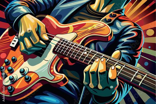 The guitarist plays an electric guitar with a Sunburst finish. The emphasis is on the hands on the fingerboard. The atmosphere is that of a concert, relaxation and enjoyment of listening to music