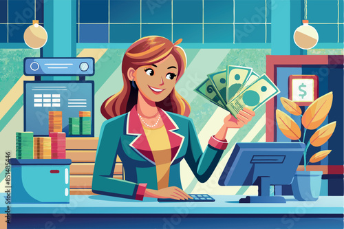 a cashier sitting at a desk with various financial elements. He is holding cash in one hand and interacting with a computer monitor that displays financial graphs.