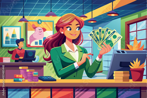 a cashier sitting at a desk with various financial elements. He is holding cash in one hand and interacting with a computer monitor that displays financial graphs.