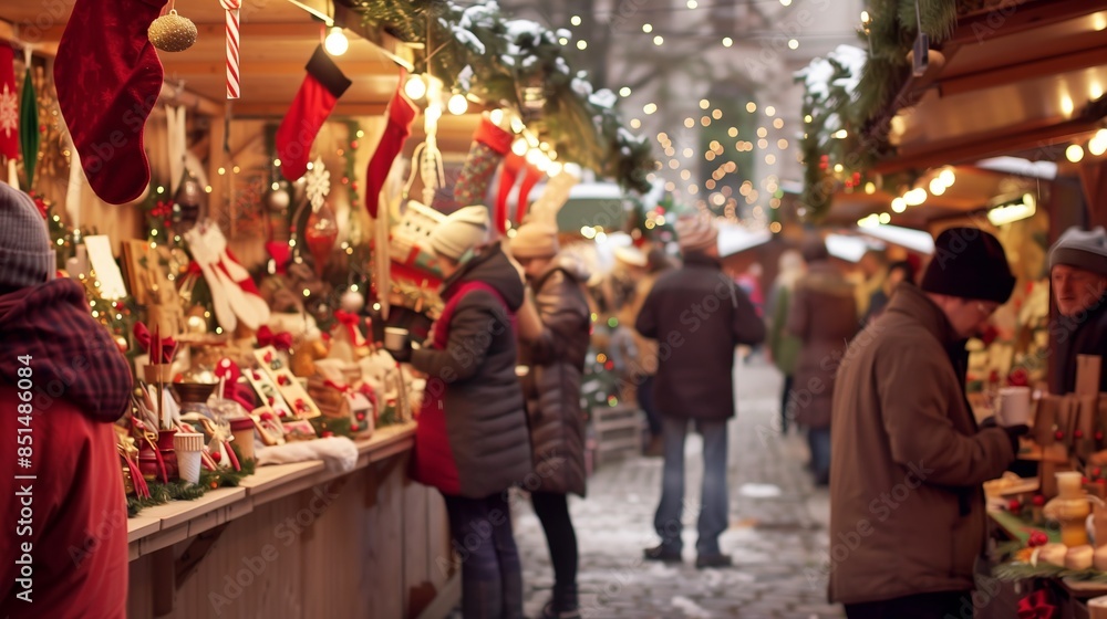 A lively Christmas market with handmade crafts, warm drinks, and treats creates festive holiday cheer.