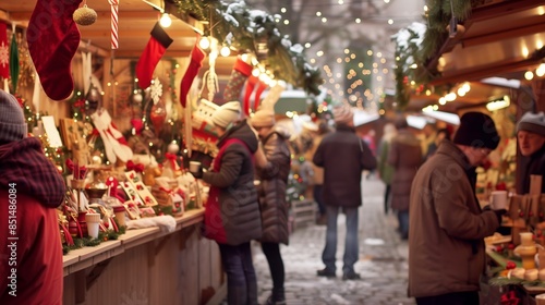 Obraz na płótnie A lively Christmas market with handmade crafts, warm drinks, and treats creates festive holiday cheer. w salonie