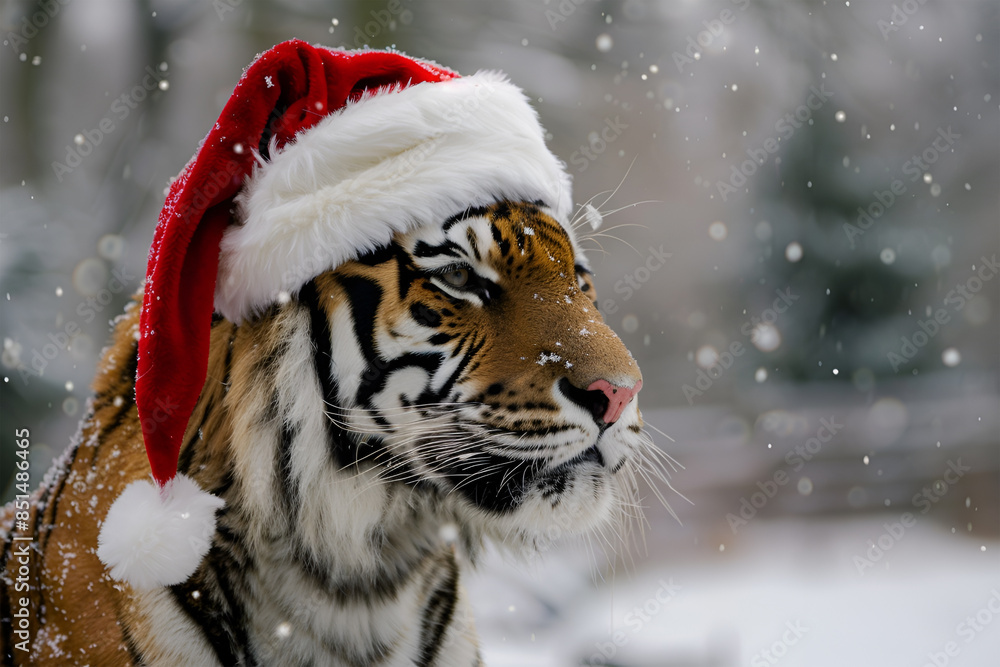 A cute tiger in a Santa Claus hat. A cute tiger in a Santa Claus hat.