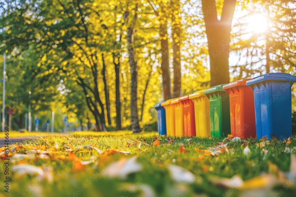 Fototapeta premium A row of eco-friendly trash cans. The sun shines and illuminates the garbage box, creating a beautiful scene symbolising the concept of environmental protection, renewables, and recycling. 