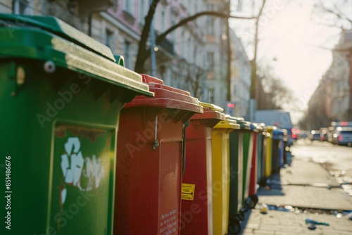 Wallpaper Mural A row of eco-friendly trash cans. The sun shines and illuminates the garbage box, creating a beautiful scene symbolising the concept of environmental protection, renewables, and recycling.  Torontodigital.ca