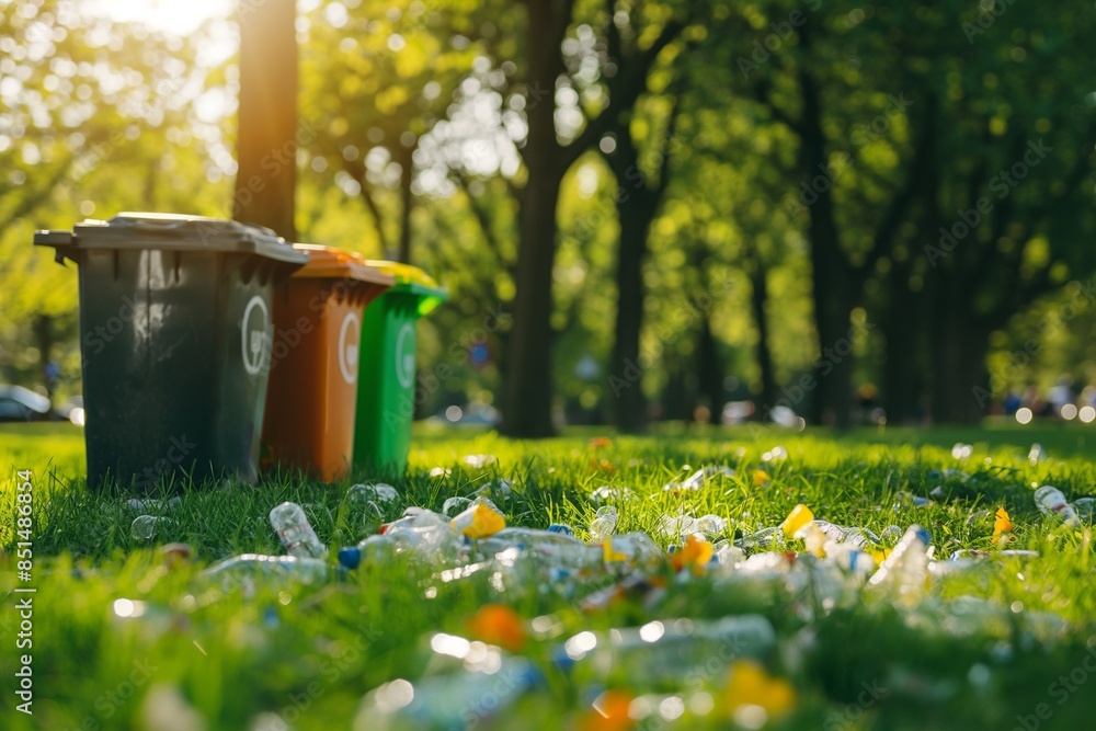 A row of eco-friendly trash cans. The sun shines and illuminates the garbage box, creating a beautiful scene symbolising the concept of environmental protection, renewables, and recycling. A row of eco-friendly trash cans. The sun shines and illuminates the garbage box, creating a beautiful scene symbolising the concept of environmental protection, renewables, and recycling.