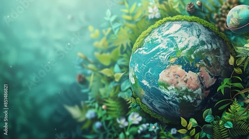 Earth globe surrounded by lush green foliage and flowers, symbolizing nature and environmental protection. © admin_design
