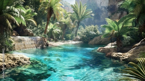 hidden oasis in the middle of a vast desert, with crystal-clear waters and lush vegetation AI generated