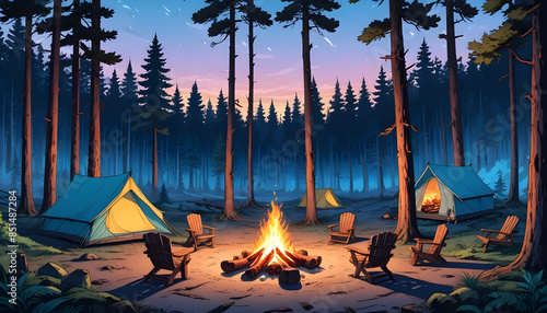 Camping tent in forest campfire by a chairs and a tent 2 photo