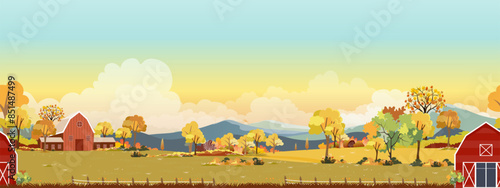Autumn landscape with forest tree background,Seamless Pattern Fall Season Mountain,Meadow,Orange Foliage,Cloud,Yellow Sunset Sky,Nature morning sunrise grass field,maple tree,farm land in country