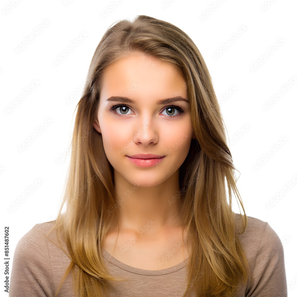 Fototapeta premium Portrait of a young woman with long blond hair, wearing a casual beige top, isolated on white background, looking confidently at the camera.
