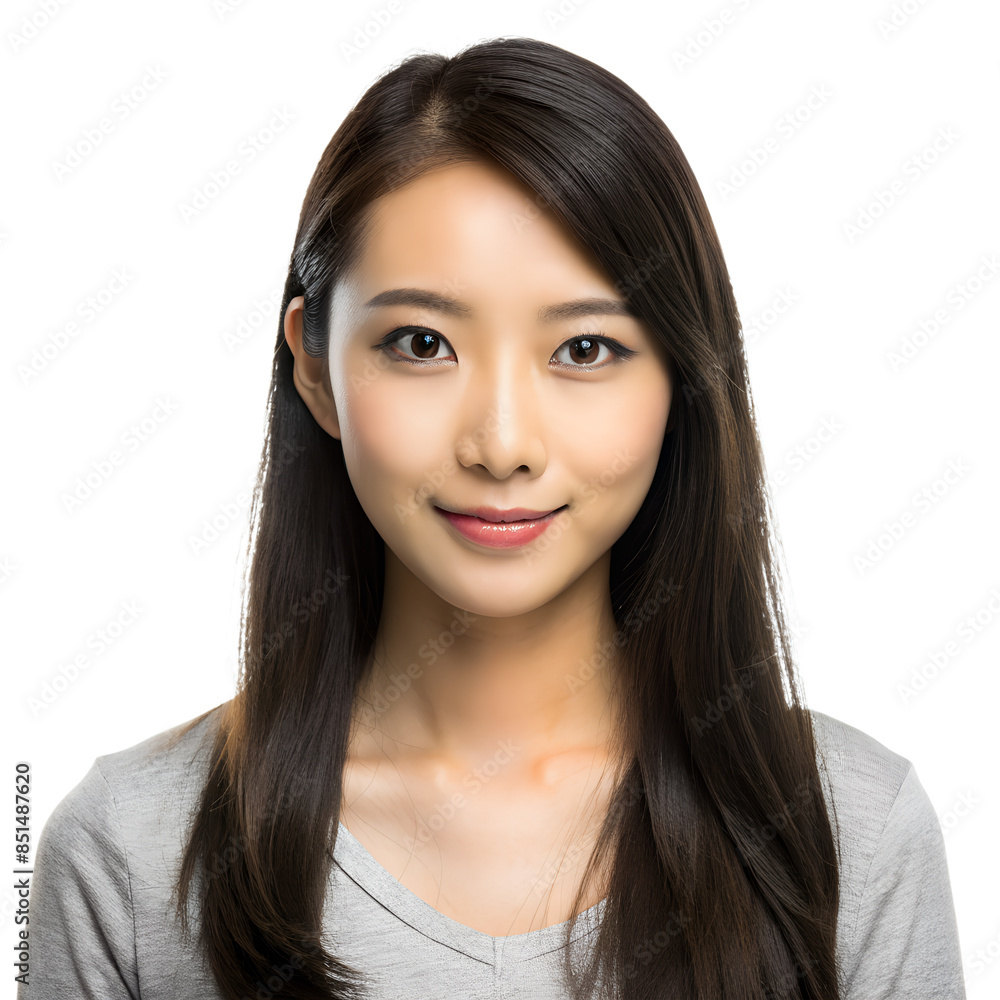 Portrait of a young woman with long dark hair, smiling gently and wearing a grey shirt against a plain background. Portrait of a young woman with long dark hair, smiling gently and wearing a grey shirt against a plain background.