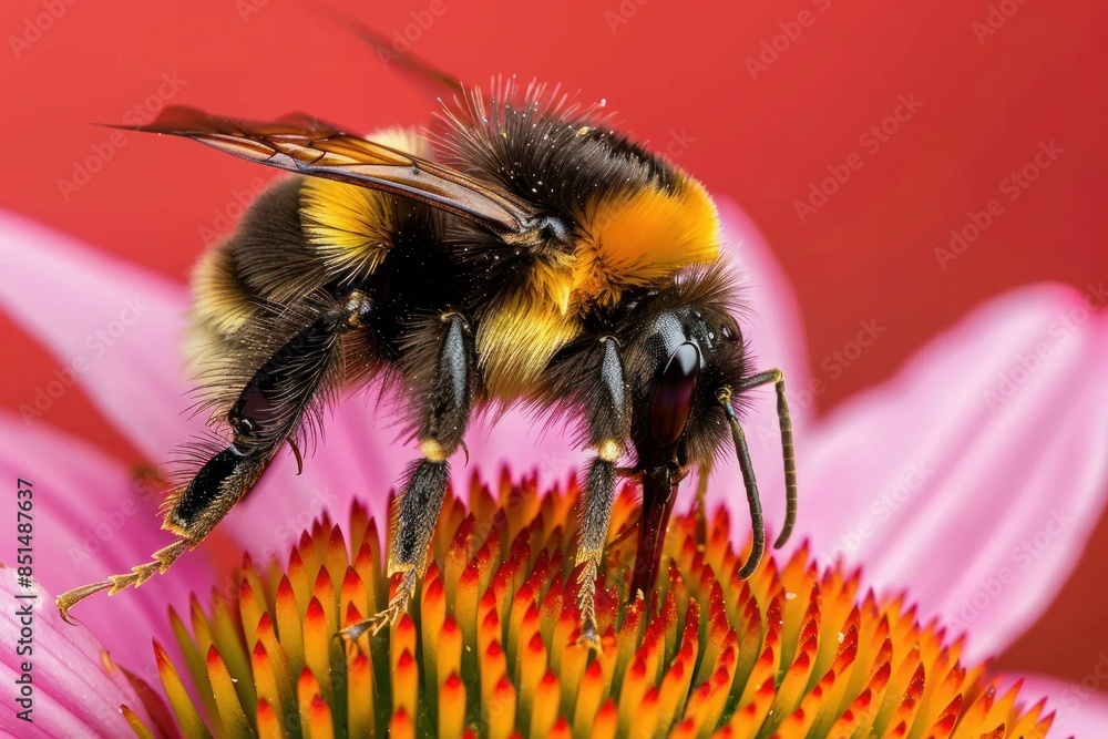 Bee and flower. Macro honeybee flying over beautiful colorful flower petals. Generative AI Bee and flower. Macro honeybee flying over beautiful colorful flower petals. Generative AI