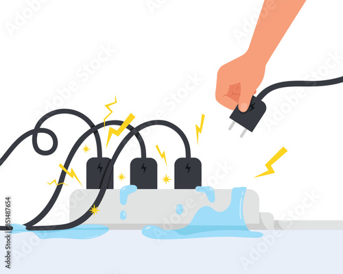 Hand holding a plug with wet electric shock, Overload plug in power outlet in. Electric risk burn.