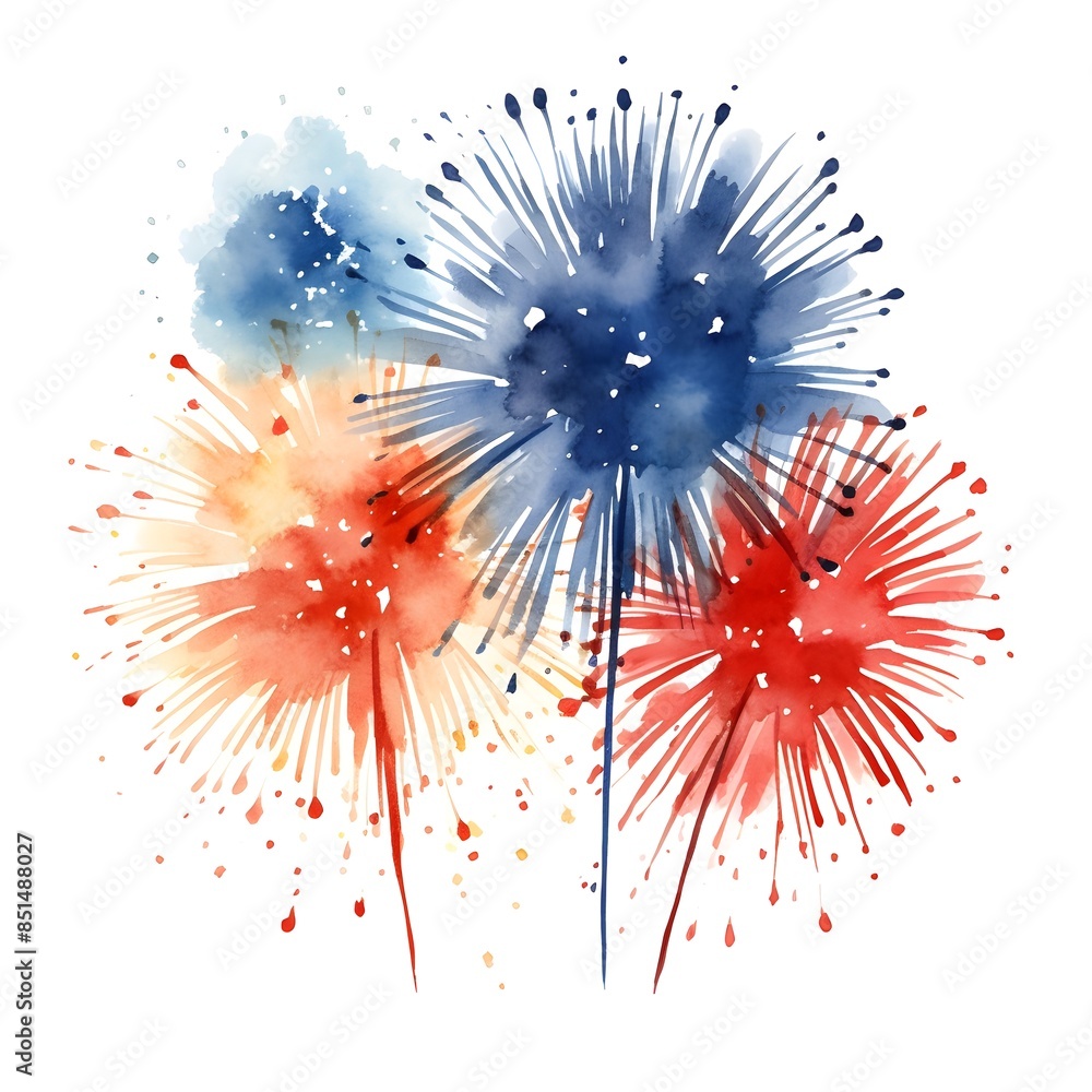 Obraz premium Vibrant Tricolor Watercolor Fireworks Bursting in the Sky