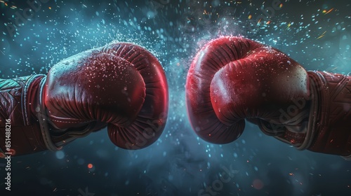 Two red boxing gloves face each other, ready for a fight, with a blue and white background. photo